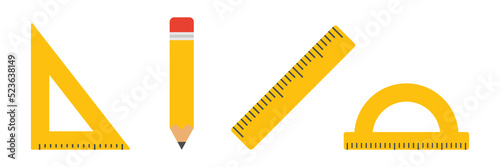 Education math tools set. Pencil, ruler, triangle ruler and protractor icon. Vector isolated on white.	