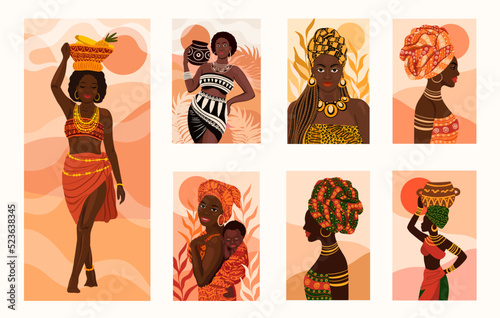 Beautiful ethnic African women flat style portraits collection. Vector illustration