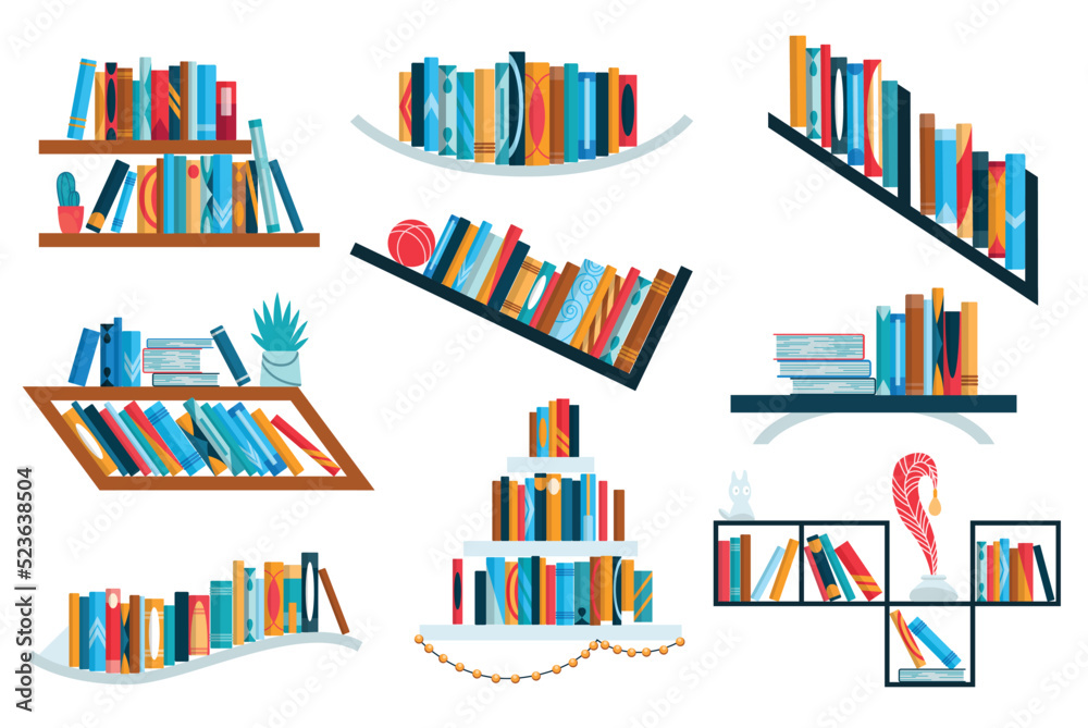 Bookshelves collection with colorful books. Back to school and education study wall concept. Library interior element. Flat reading books illustration