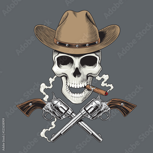 Skull cowboy in western hat with smocking cigar and crossed revolver guns isolated. Dead sheriff or bandit wild west concept. Vintage retro woodcut or engraving style vector illustration.