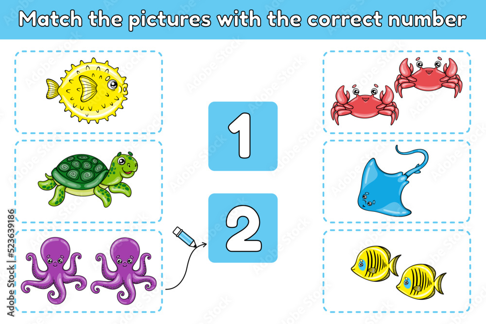 Math education for kids. Counting game for preschool children. Match the pictures with the correct number. Vector illustration of cartoon ocean animals.