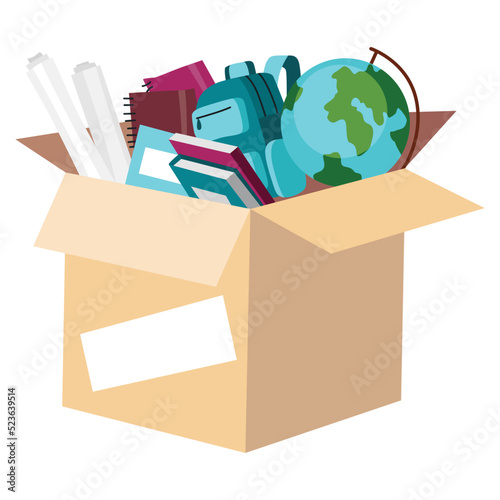 Cardboard donation box full of school supplies or stationery. Charity and donate for poor people, help homeless and support needy. Volunteering, social care charity concept. Needed items