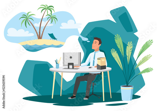 Office worker dreaming about vacation. Business man is relaxing and dreaming about something at his work place. Modern office interior. Business concept