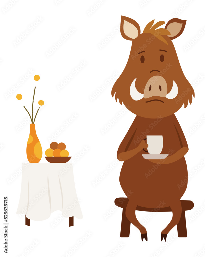 Obraz premium Hog sit with cup of tea arranging their cozy home. Wild forest animal. Flat cartoon character. Vector Illustration