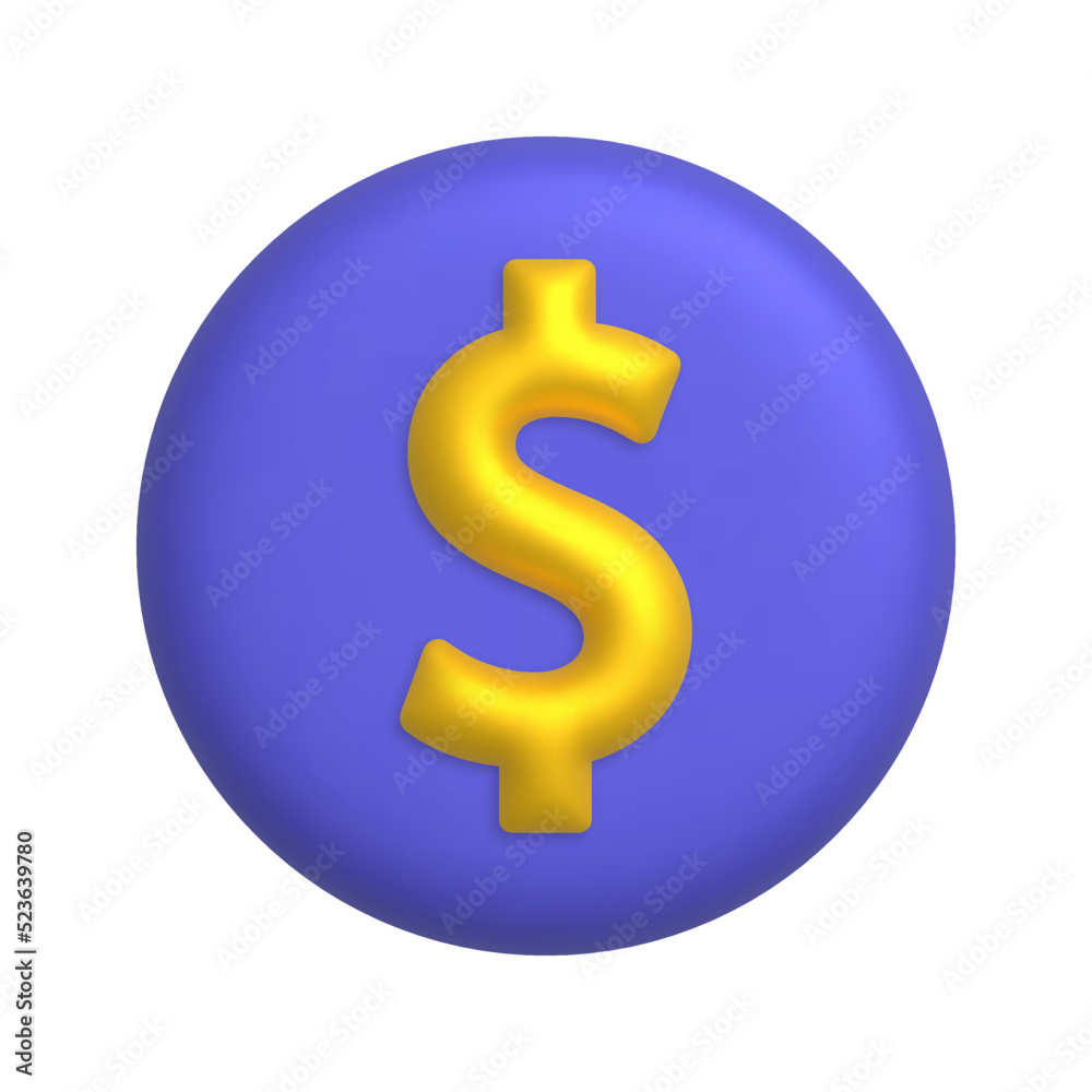 Gold dollar sign on purple button. 3d realistic vector design element. Gold dollar sign on purple button. 3d realistic vector design element.