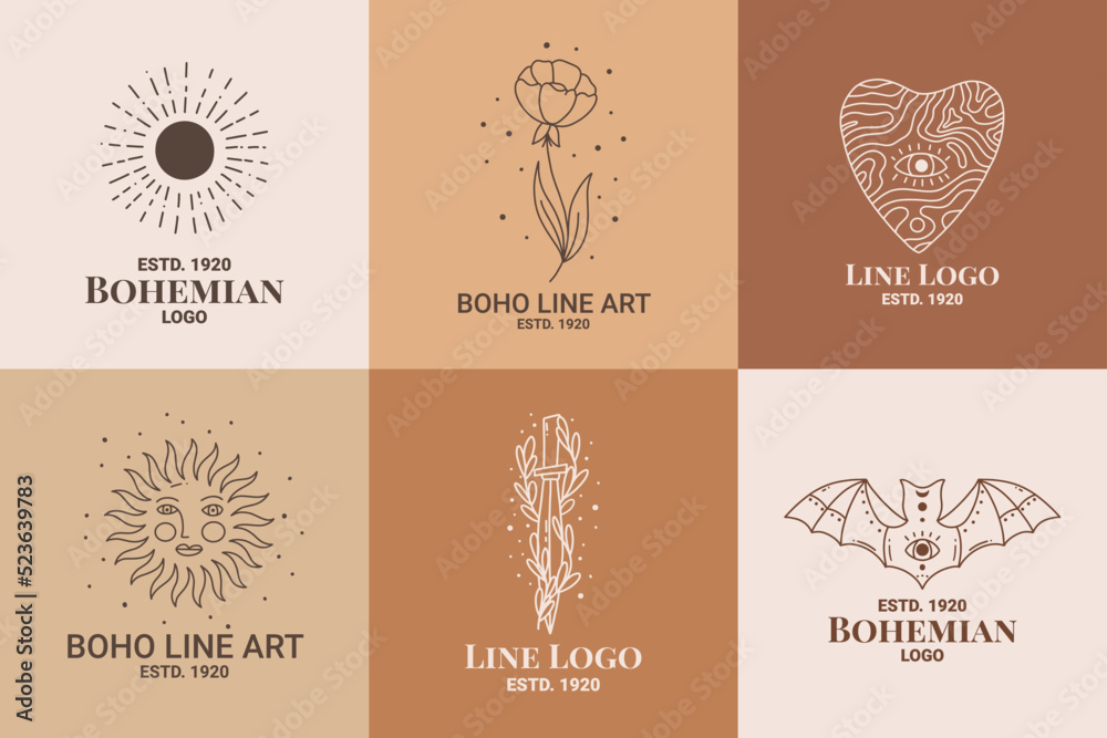 Boho mystic doodle esoteric logo set. Magic line art icon with sun, flower, heart, bat, knife Boho mystic doodle esoteric logo set. Magic line art icon with sun, flower, heart, bat, knife