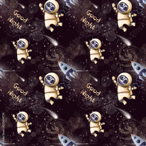 good night seamless pattern design with cute astronaut, wallpaper with cartoon character