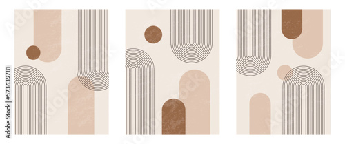 Set of Mid century modern minimalist art print with organic natural shape. Abstract contemporary aesthetic background with geometric Minimal black line on beige. Boho wall decor.