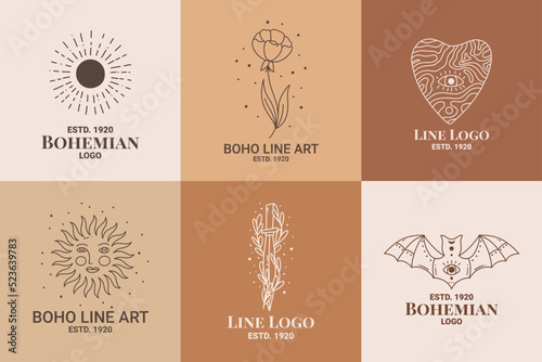 Boho mystic doodle esoteric logo set. Magic line art icon with sun, flower, heart, bat, knife