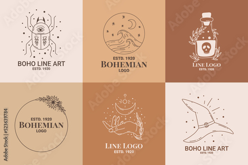 Boho mystic doodle esoteric logo set. Magic line art icon with beetle, wave, poison, frame, moon, hand