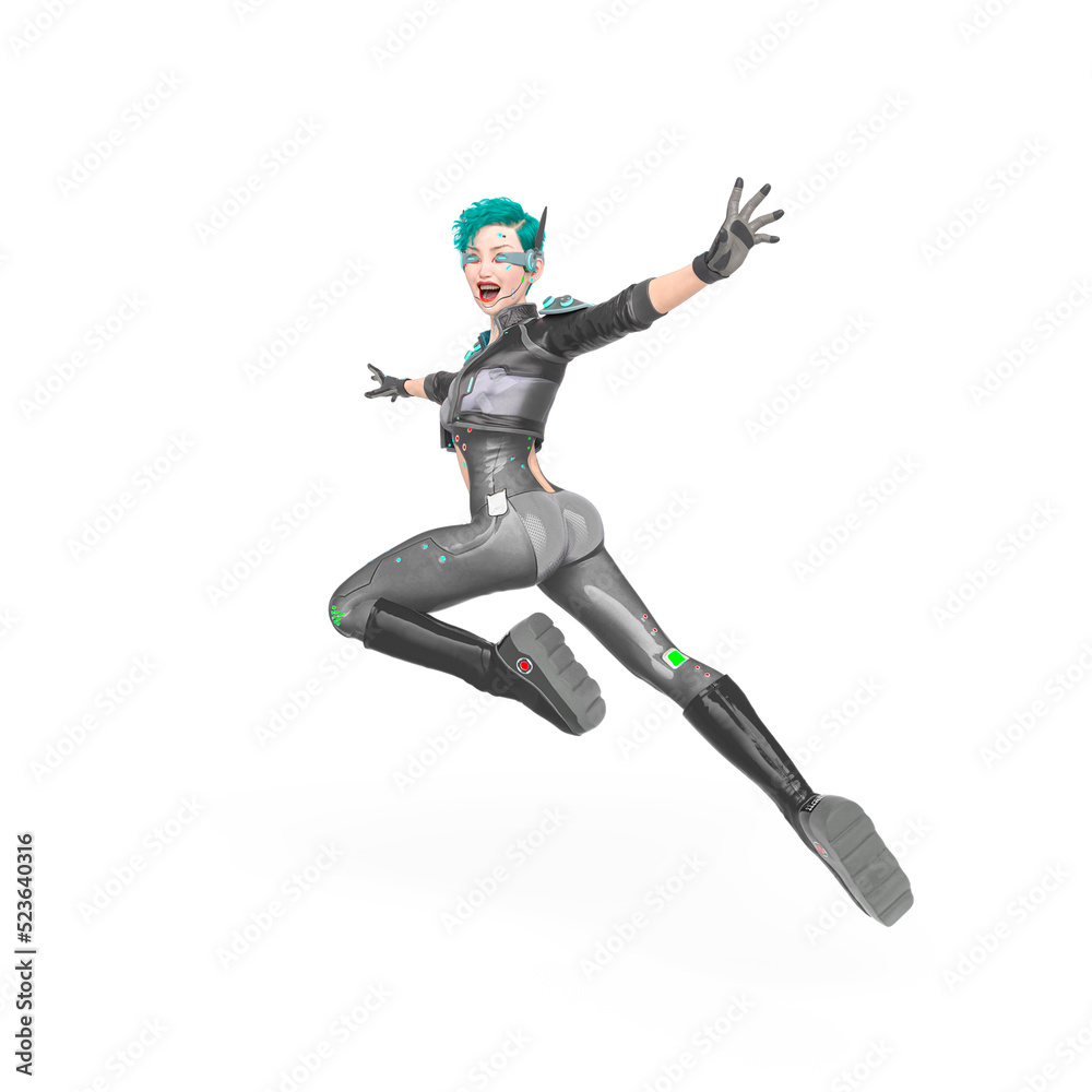 cyberpunk girl is doing a fancy move on action