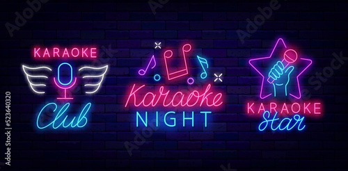 Karaoke neon labels collection. Shiny signboards set. Karaoke star. Microphone with wings. Vector stock illustration