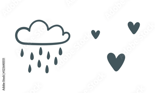 Cute Cloud with Rain Drops and Hearts in Black Doodle Vector Set