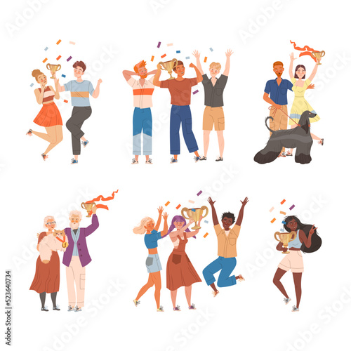 Excited People Winner Character Holding Cup Award and Smiling Vector Illustration Set