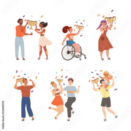 Excited People Winner Character Holding Cup Award and Smiling Vector Illustration Set