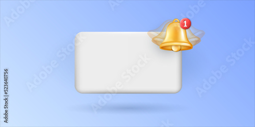 Banner with blank white display and golden ringing bell with red button as notification. 3d rendering cartoon bell and space for text in rectangle isolated on blue background. 