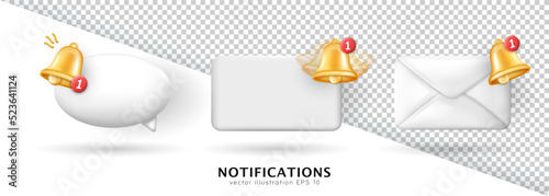 Collection of three 3d icons - cartoon paper envelope (letter), blank rectangle with place for text and speech bubble (chat cloud) with red notification buttons. New message concept