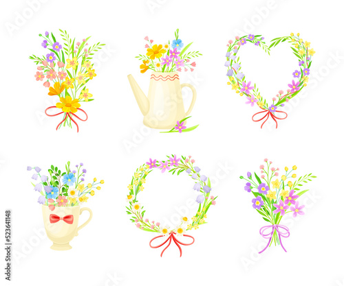 Bouquets of wildflowers set. Spring and summer flowers in teapot, wreath of blooming plants cartoon vector illustration