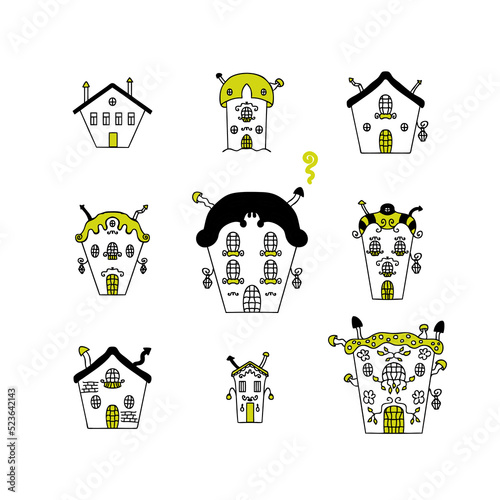 Happy halloween clipart haunted houses collection. Perfect spooky print for tee, stickers, poster, stationery. Doodle isolated vector illustration for decor and design.