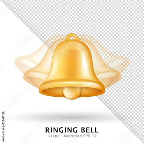 Three dimensional golden glossy ringing bell isolated on white and transparent background. Realistic shiny cartoon bell with highlights and shadow. Vector illustration of jingle bell eps 10.