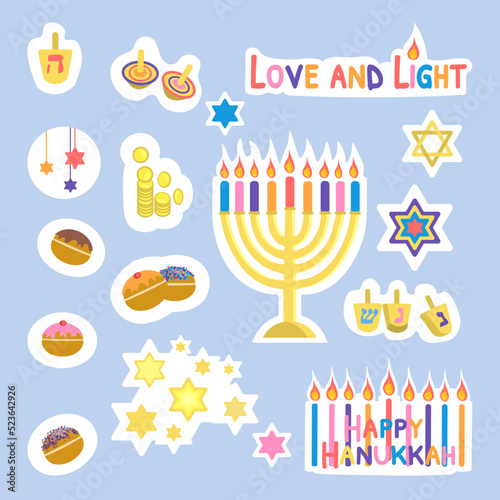 Set happy Hanukkah stickers isolated on blue background Jewish traditional symbols: menorah, David star, sufganiyah, dreidel Vector illustration in flat cartoon style Bright colorful collection