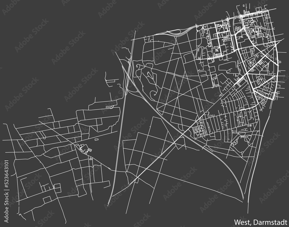 Detailed negative navigation white lines urban street roads map of the DARMSTADT-WEST DISTRICT of the German regional capital city of Darmstadt, Germany on dark gray background