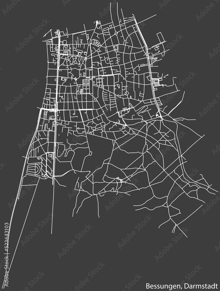 Detailed negative navigation white lines urban street roads map of the BESSUNGEN DISTRICT of the German regional capital city of Darmstadt, Germany on dark gray background
