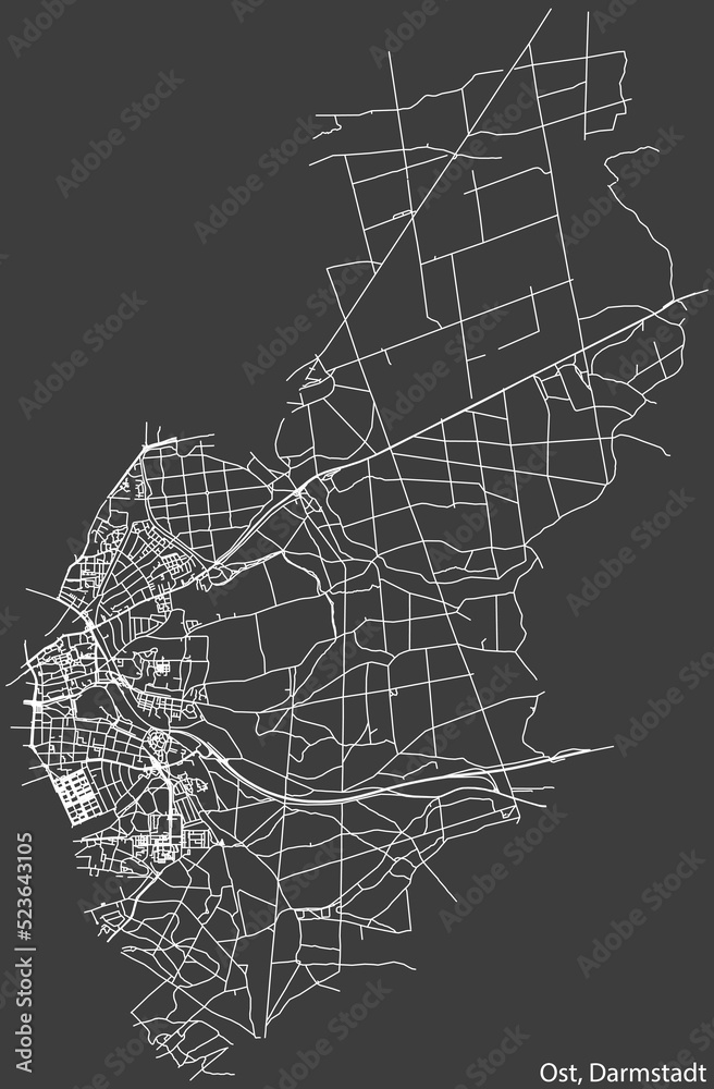 Detailed negative navigation white lines urban street roads map of the DARMSTADT-OST DISTRICT of the German regional capital city of Darmstadt, Germany on dark gray background