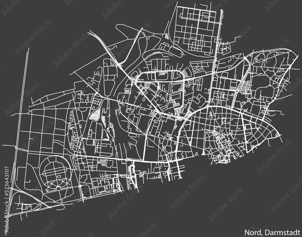 Detailed negative navigation white lines urban street roads map of the DARMSTADT-NORD DISTRICT of the German regional capital city of Darmstadt, Germany on dark gray background