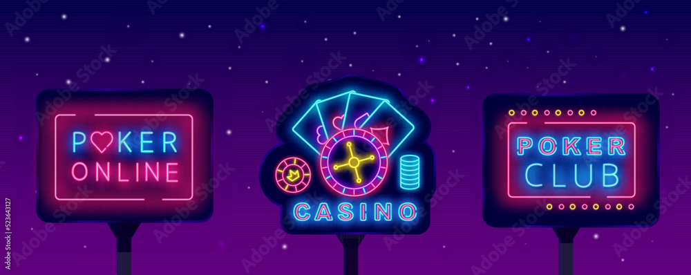 Obraz premium Casino neon signs collection. Poler online club label. Playing cards and roulette emblem. Vector stock illustration