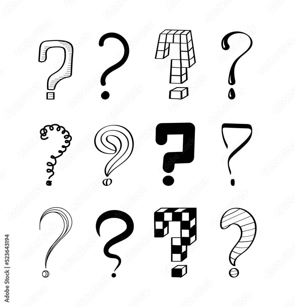 Question marks vector set. Ask signs in doodle, sketch style. Pen, inky ...
