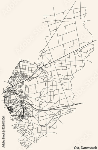 Detailed navigation black lines urban street roads map of the DARMSTADT-OST DISTRICT of the German regional capital city of Darmstadt, Germany on vintage beige background