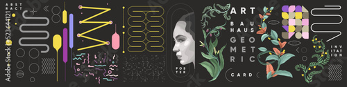Abstract geometric objects, tropical plants, vector portrait of a girl. Set of art elements for design. Bauhaus and Memphis style. Creative concept. Vector drawing.