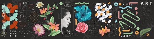 Trendy abstract art templates with floral and geometric elements. Vector fashion backgrounds. Paintings for interior. Women's faces in flowers. Suitable for social media posts, cover, banners design.