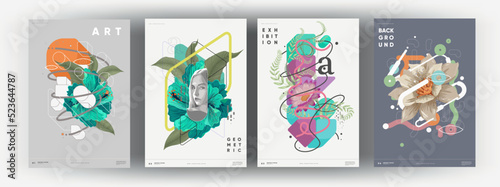 Trendy abstract art templates with floral and geometric elements. Vector fashion backgrounds. Paintings for interior. Women's faces in flowers. Suitable for social media posts, cover, banners design.