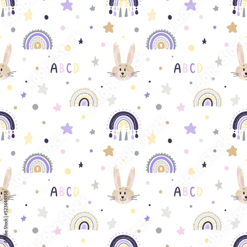 Children's illustration on a white background. Seamless pattern with rainbow, stars, rabbit and alphabet. Doodlez illustration. Print for textiles, wallpapers, websites and social networks.