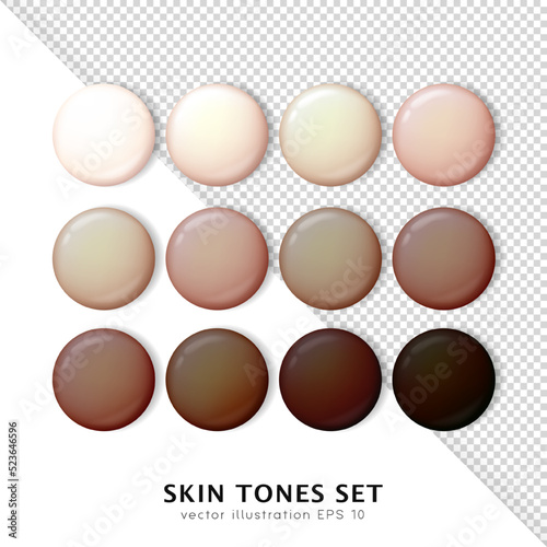 Set of 12 human skin tone templates. Realistic palette of various skin colors isolated on white and transparent background. 3d rendered circles of face and body complexion swatches, tan level