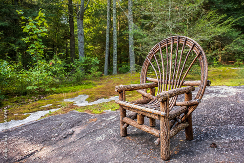 Rustic Twig chair outdoors in forest at Carl Sandburg National Historic Site, North Carolina, USA