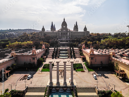 Drone shot of the National Palace in Barcelona. National Museum of Art of Catalonia. View from a drone museum in Barcelona. Montjuic. Mountain in the capital of Catalonia Barcelona