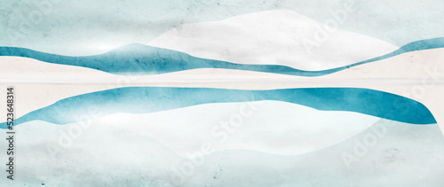 Landscape art background in watercolor style with mountains in winter. Vector banner for decoration design, print, wallpaper, packaging
