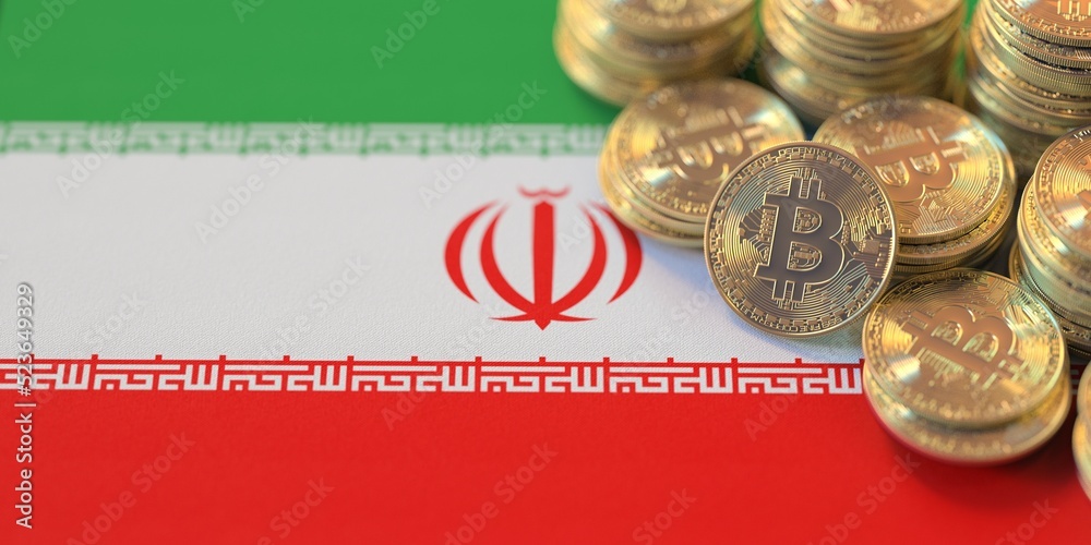 Flag of Iran and many bitcoins. National cryptocurrency regulations concept, 3d rendering