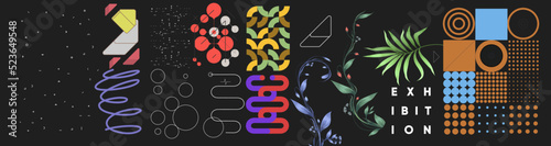 Abstract geometric objects, tropical plants. Set of elements for design. Vector illustrations. Bauhaus style and floral elements.
