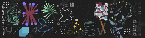 Abstract geometric objects, tropical plants. Set of elements for design. Creative vector illustration. Bauhaus style and floral elements.