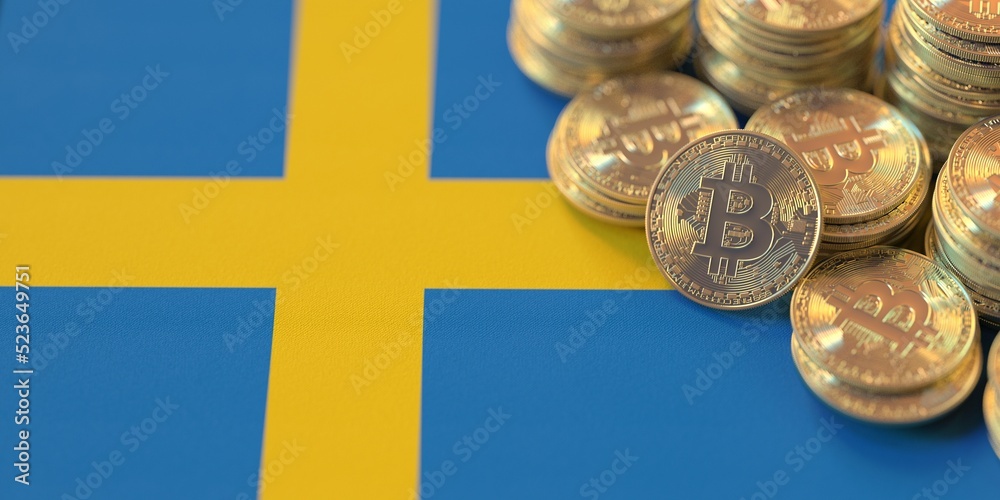 Many bitcoins and national flag of Sweden, cryptocurrency laws related conceptual 3d rendering