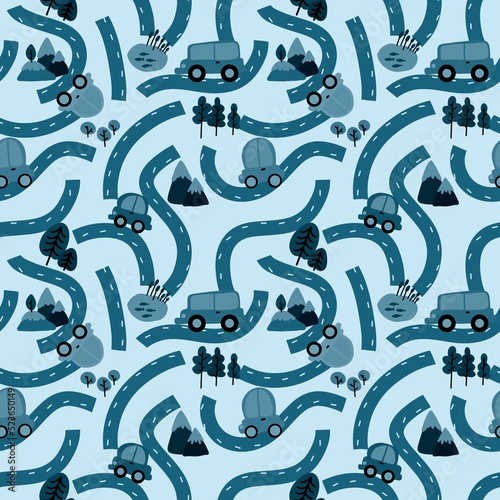 Cartoon kids seamless cars road pattern for child clothes print and wrapping paper and fabrics and accessories