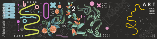 Abstract geometric objects, tropical plants. Set of elements for design. Vector illustrations. Bauhaus style and floral elements.
