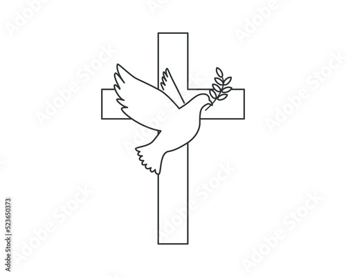 Dove flying with a Symbol of Religion. Cross. Dove Of Peace. Vector. Holy Spirit. Church logo.