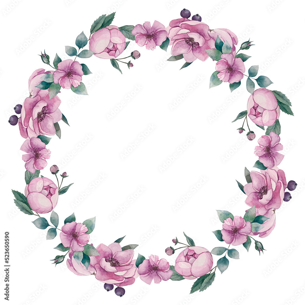 A wreath to create your design of peonies and roses in pink 