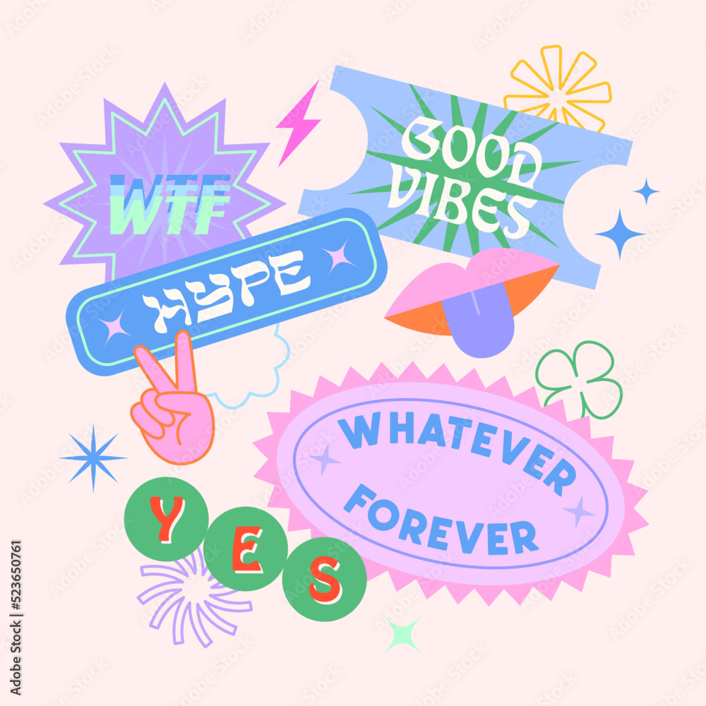 Vector Set of Cute Funny Patches and Stickers in 90s Style.Modern