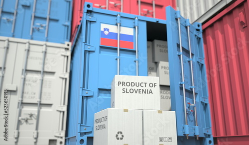 Cargo containers and boxes with products from Slovenia. National industry related conceptual 3D rendering